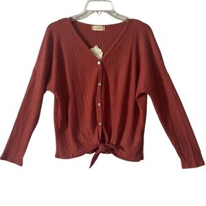 Altar'd State Rust Red Waffle Knit Tie Front V Neck Long Sleeve Top Medium